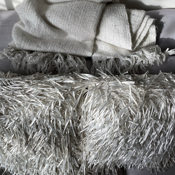 Winter wonderland white (2) Satin ribbon fringe pillows 16” sq & matching throw - Picture 8 of 10